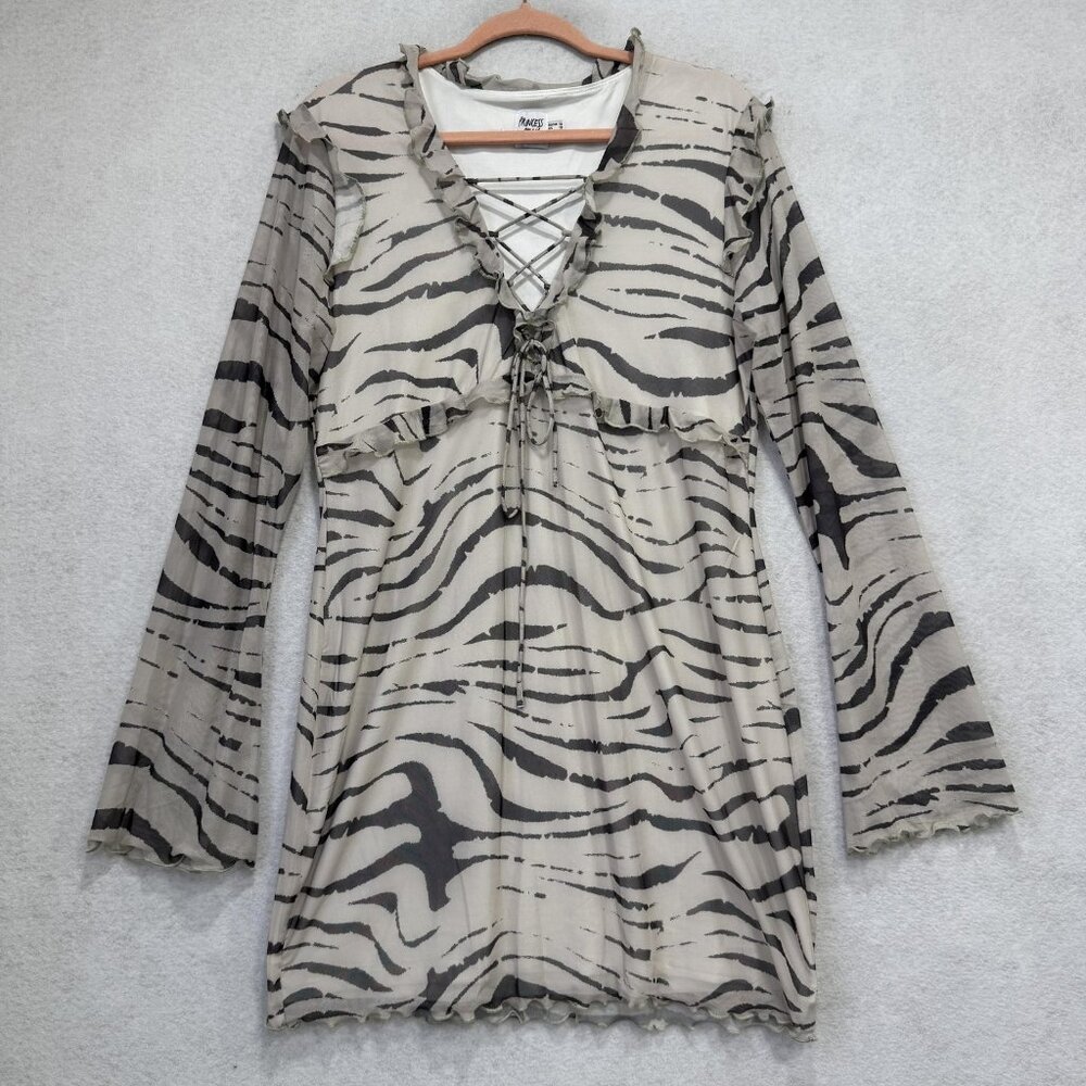 Princess Polly Dress Womens 12 Beige Zebra Lace Up Long Sleeve Ruffle Mini